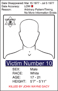 Victim Number 10, Date Disappeared March 15 1977 - July 5 1977, Date Accuracy Low, Reason: Arbitrary Pattern/Timing No More Information Exists, Male White, Age: 17 - 21 Height: 5'7" - 5'11"