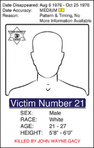 Victim Number 21, Date Disappeared: Aug 6 1976 - Oct 25 1976, Date Accuracy: Medium, Reason: Pattern & Timing, No More Information Available, Male White, Age: 21 -27, Height: 5'8" - 6'0"