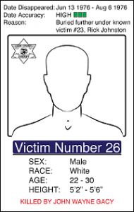 Victim Number 26, Date Disappeared: Jun 13 1976 - Aug 6 1976, Date Accuracy: High, Reason: Buried furtther under known victim #23 Rick Johnson, Male White, Age: 22 - 30, Height: 5'2" - 5'6"